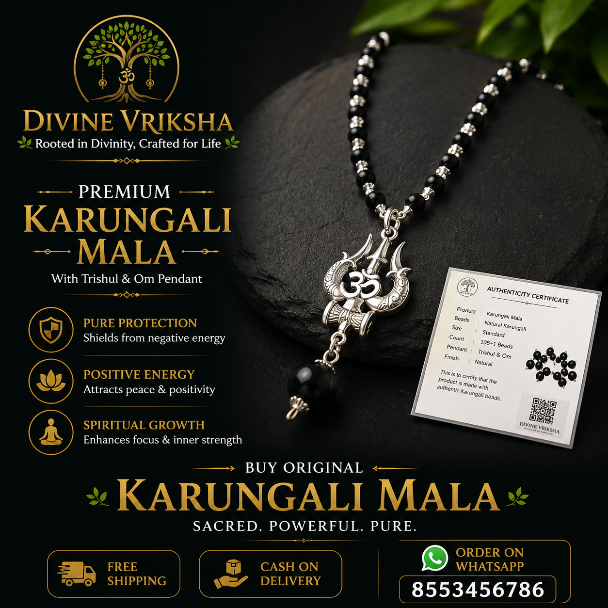 Premium Karungali Mala with Trishul & Om Pendant
