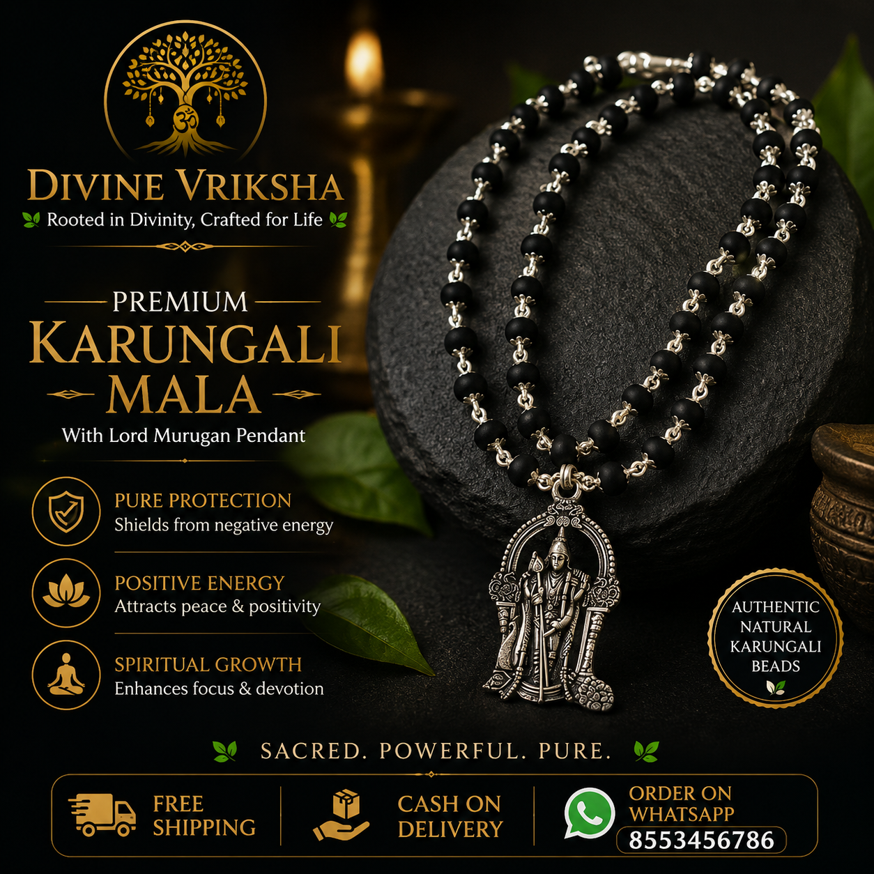 Premium Karungali Mala with Lord Murugan Pendant